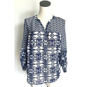 Beach Lunch Lounge Blue White Peasant Top Boho Sheer Cinch Sleeve XS